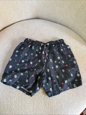 Men's Navy Blue Skull Print Swim Shorts